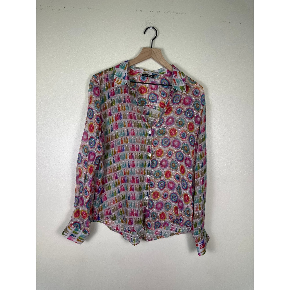 APNY Eclectic Art Button Down Blouse Women L Multicolor Cupro Geometric Jacquard